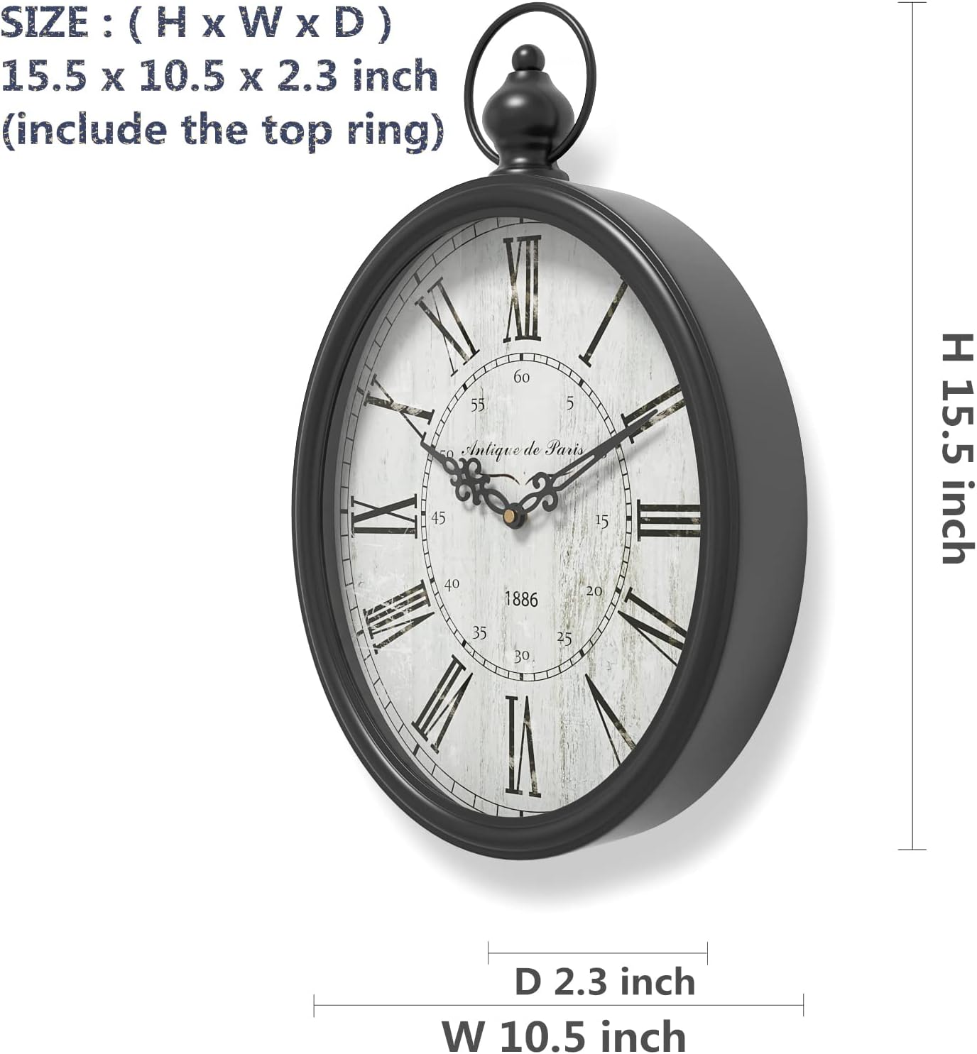 Menterry Oval Retro Wall Clock, Rustic Vintage Style, Black Antique Design, Battery Operated Silent Decor Large Wall Clocks for Kitchen,Farmhouse,Office (15.5" H x 10.5" W) - Image 3