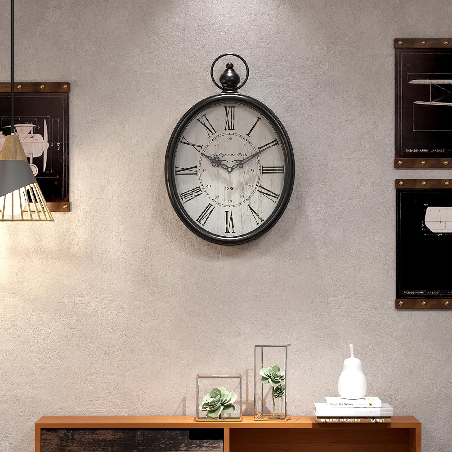 Menterry Oval Retro Wall Clock, Rustic Vintage Style, Black Antique Design, Battery Operated Silent Decor Large Wall Clocks for Kitchen,Farmhouse,Office (15.5" H x 10.5" W) - Image 4