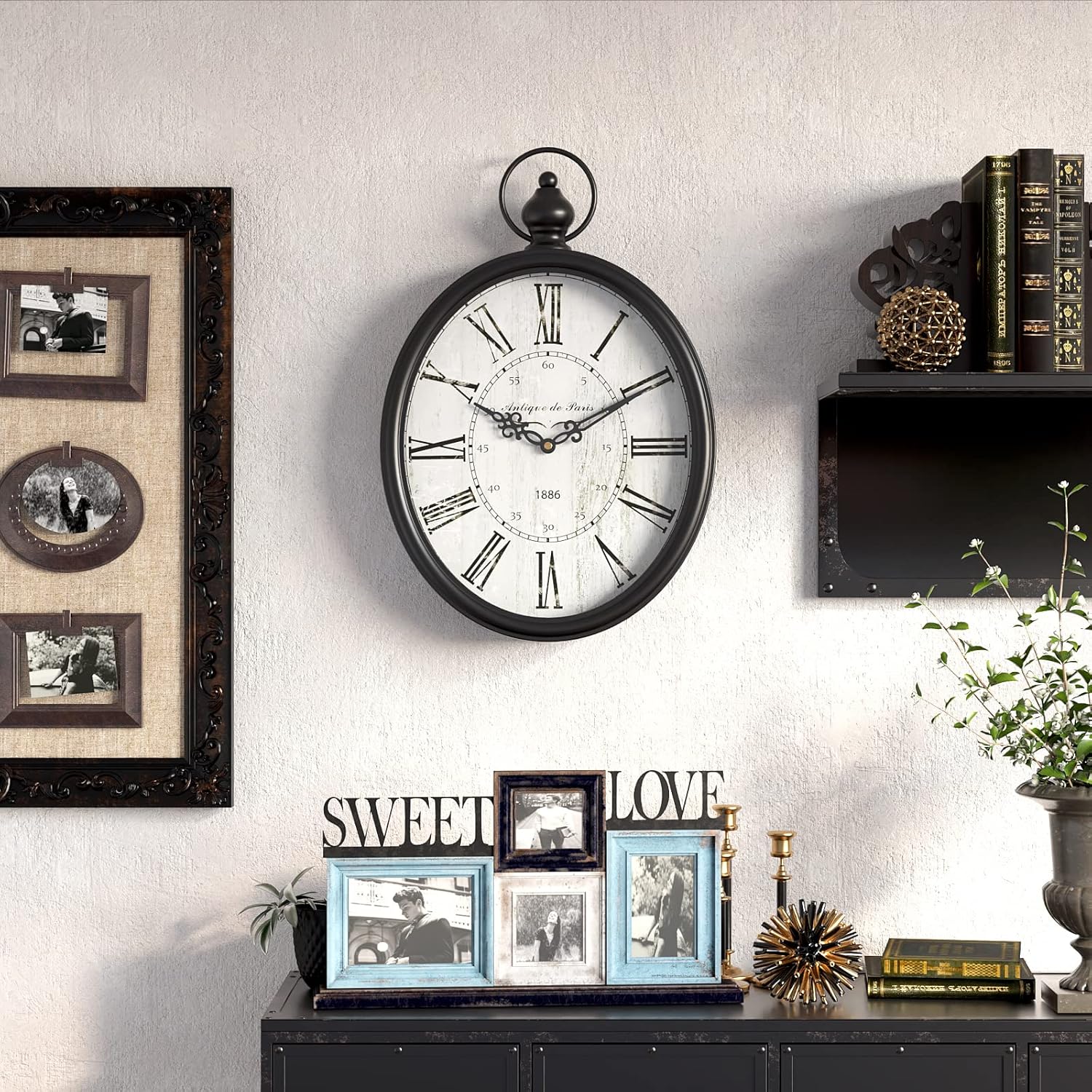 Menterry Oval Retro Wall Clock, Rustic Vintage Style, Black Antique Design, Battery Operated Silent Decor Large Wall Clocks for Kitchen,Farmhouse,Office (15.5" H x 10.5" W) - Image 6