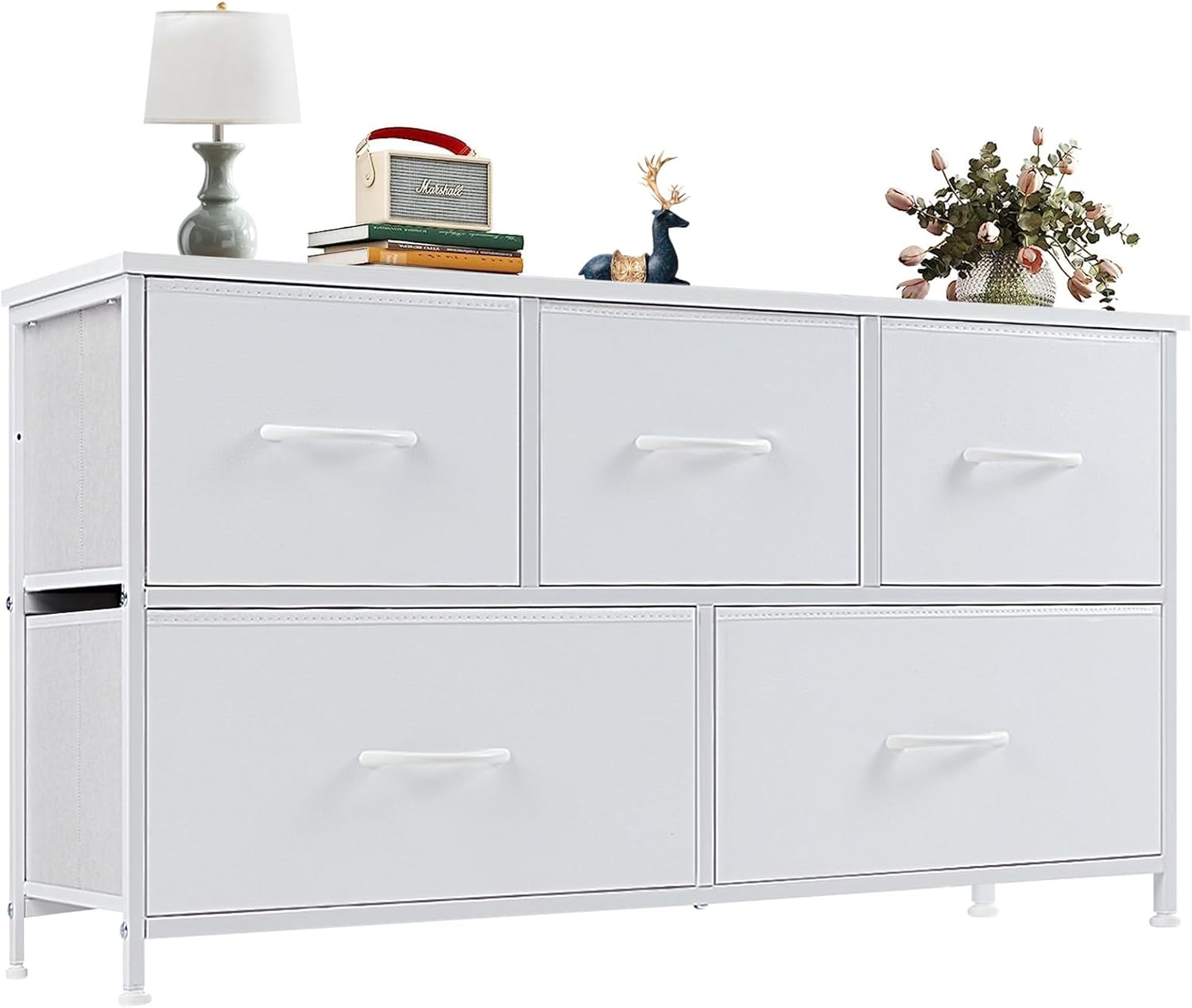 OLIXIS Dresser for Bedroom with 5 Drawers, Wide Chest of Drawers, Fabric Bedroom Dresser with Drawer Organizer, Storage Organizer Unit with Fabric Bins for Closet, Living Room, Hallway, Pure White