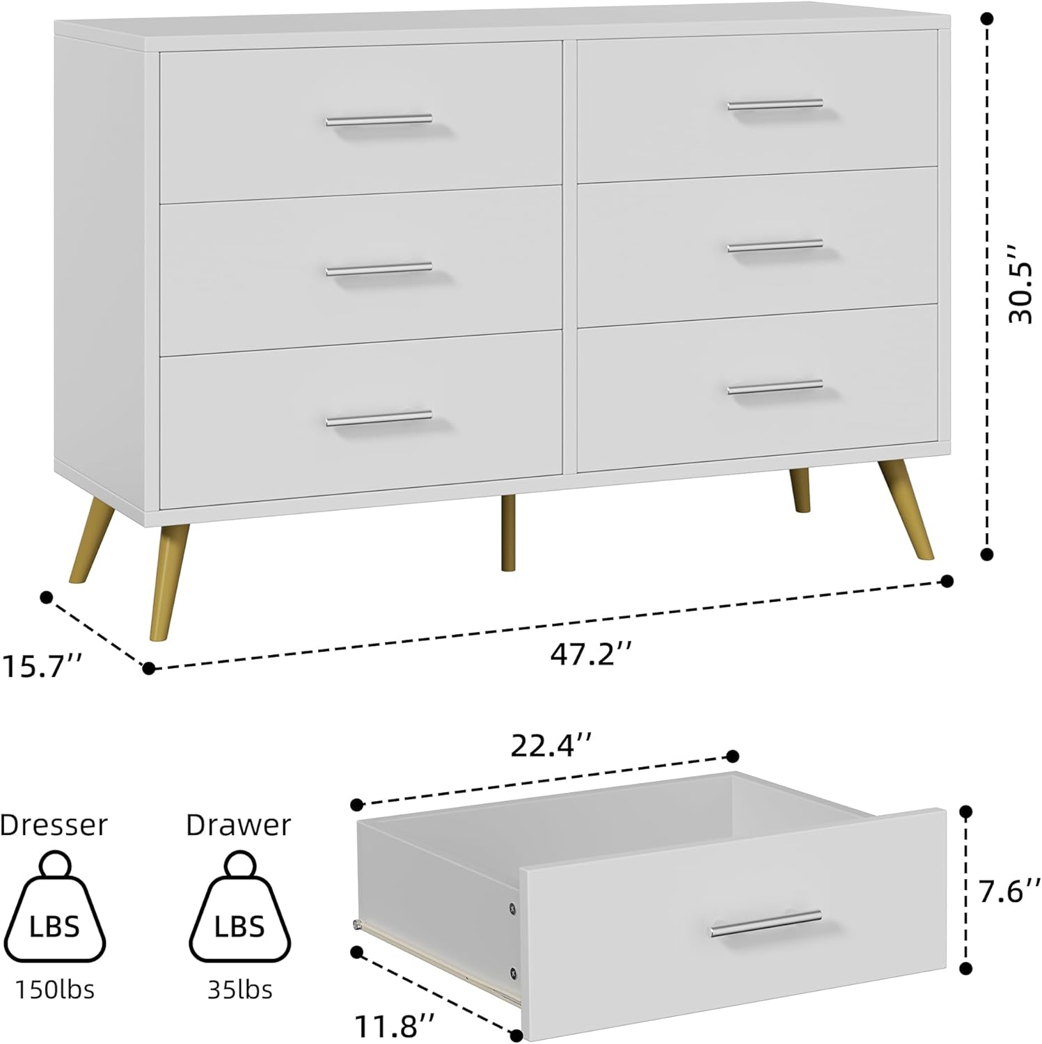 Shintenchi 6 Drawer Dresser, Wide Chest of Drawers Organizer Storage with Drawers, Large Storage Cabinet, Modern Design Dresser for Bedroom, Living Room, Porch, White - Image 3
