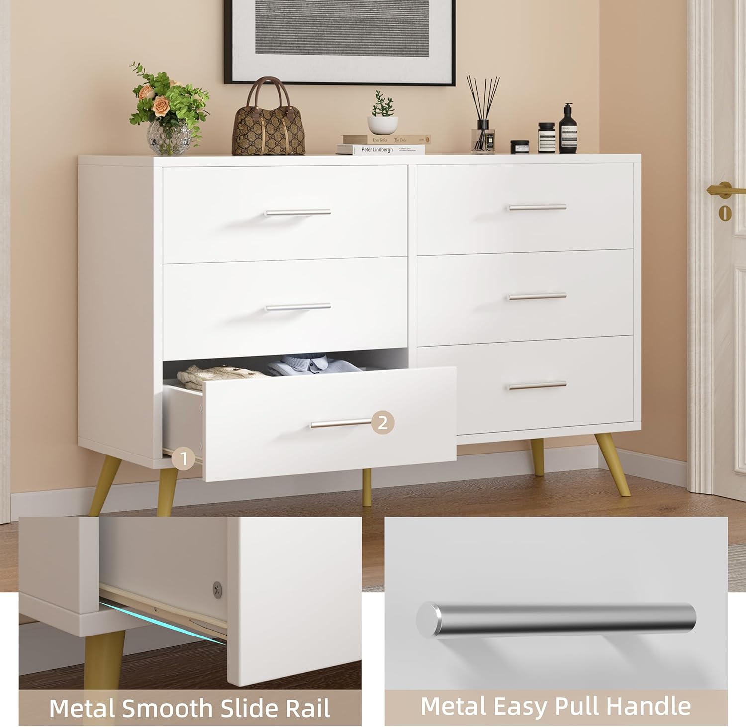 Shintenchi 6 Drawer Dresser, Wide Chest of Drawers Organizer Storage with Drawers, Large Storage Cabinet, Modern Design Dresser for Bedroom, Living Room, Porch, White - Image 4