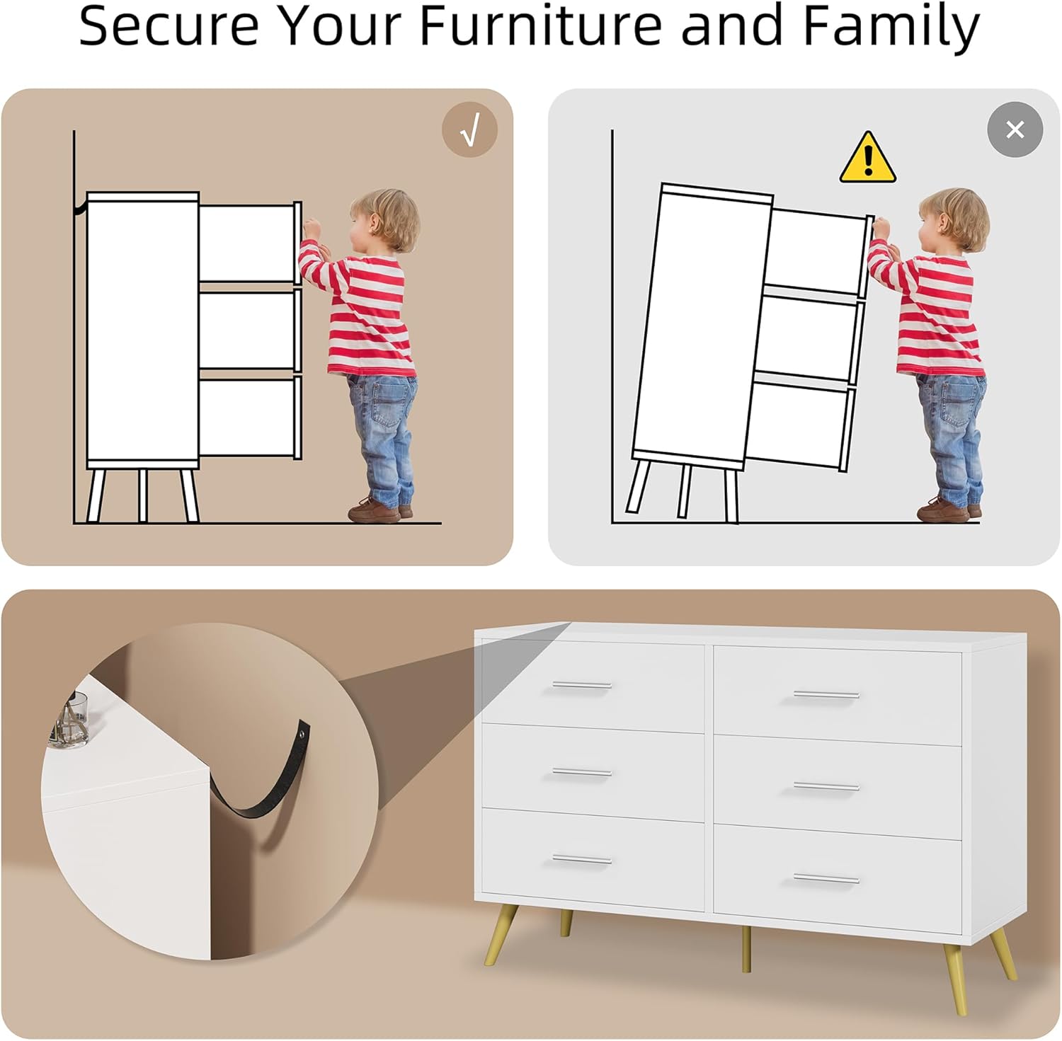 Shintenchi 6 Drawer Dresser, Wide Chest of Drawers Organizer Storage with Drawers, Large Storage Cabinet, Modern Design Dresser for Bedroom, Living Room, Porch, White - Image 7